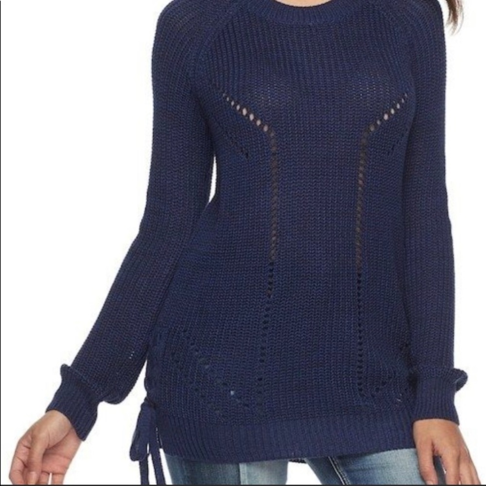 B.P. Navy Blue Shaker Knit Lace-Up Side Sweater Pointelle Detail Small